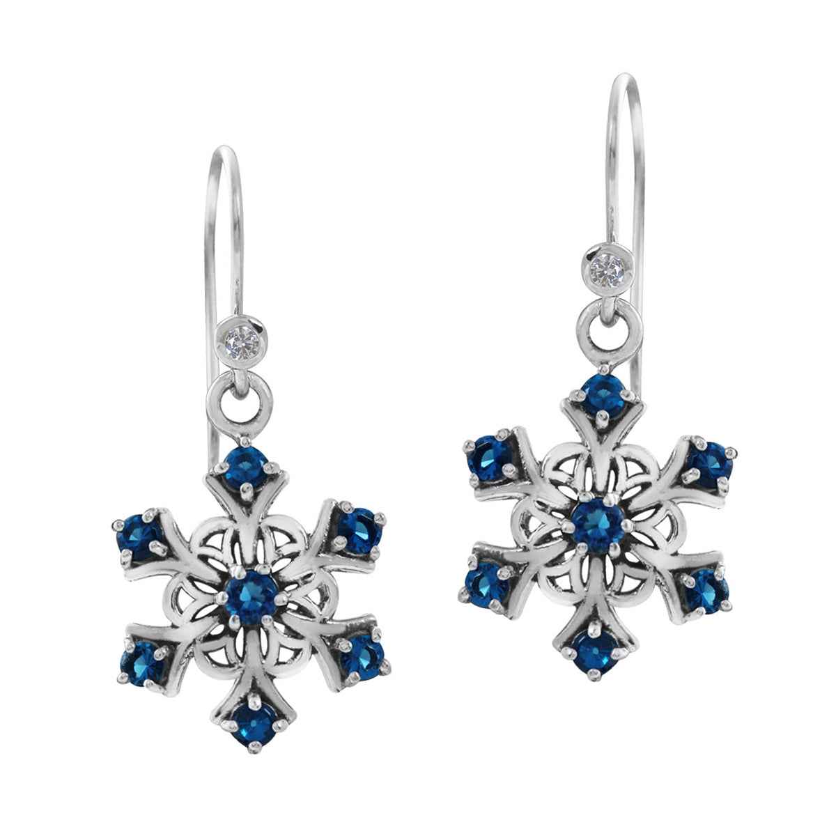 Sapphire Blue Cubic Zirconia 925 Sterling Silver Snowflake Cluster Dangle Hook Earrings