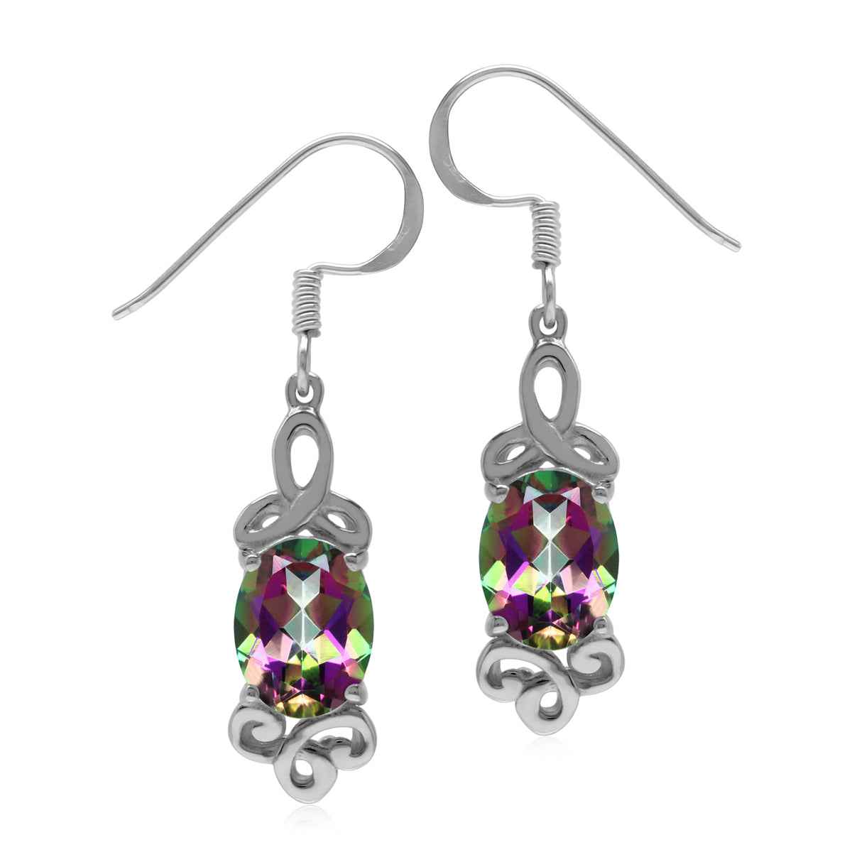 4.4ct. Mystic Fire Topaz 925 Sterling Silver Triquetra Celtic Knot Dangle Hook Earrings
