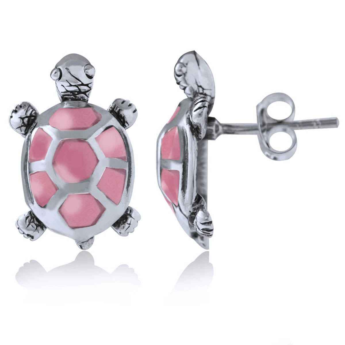 Pink Mother of Pearl 925 Sterling Silver Turtle Post Earrings