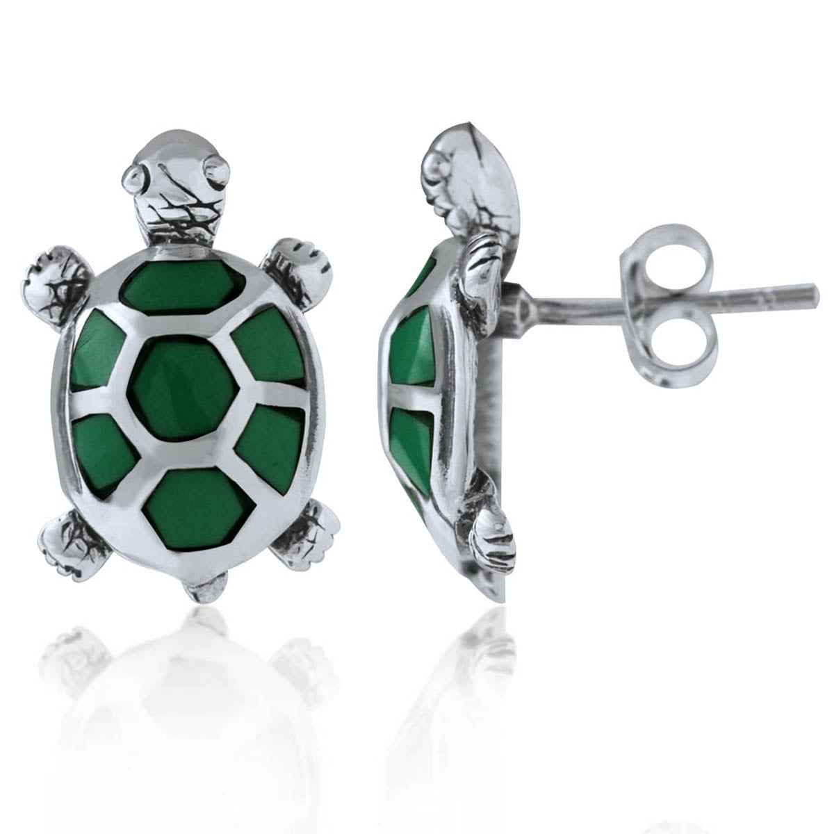 Created Malachite 925 Sterling Silver Turtle Post Earrings