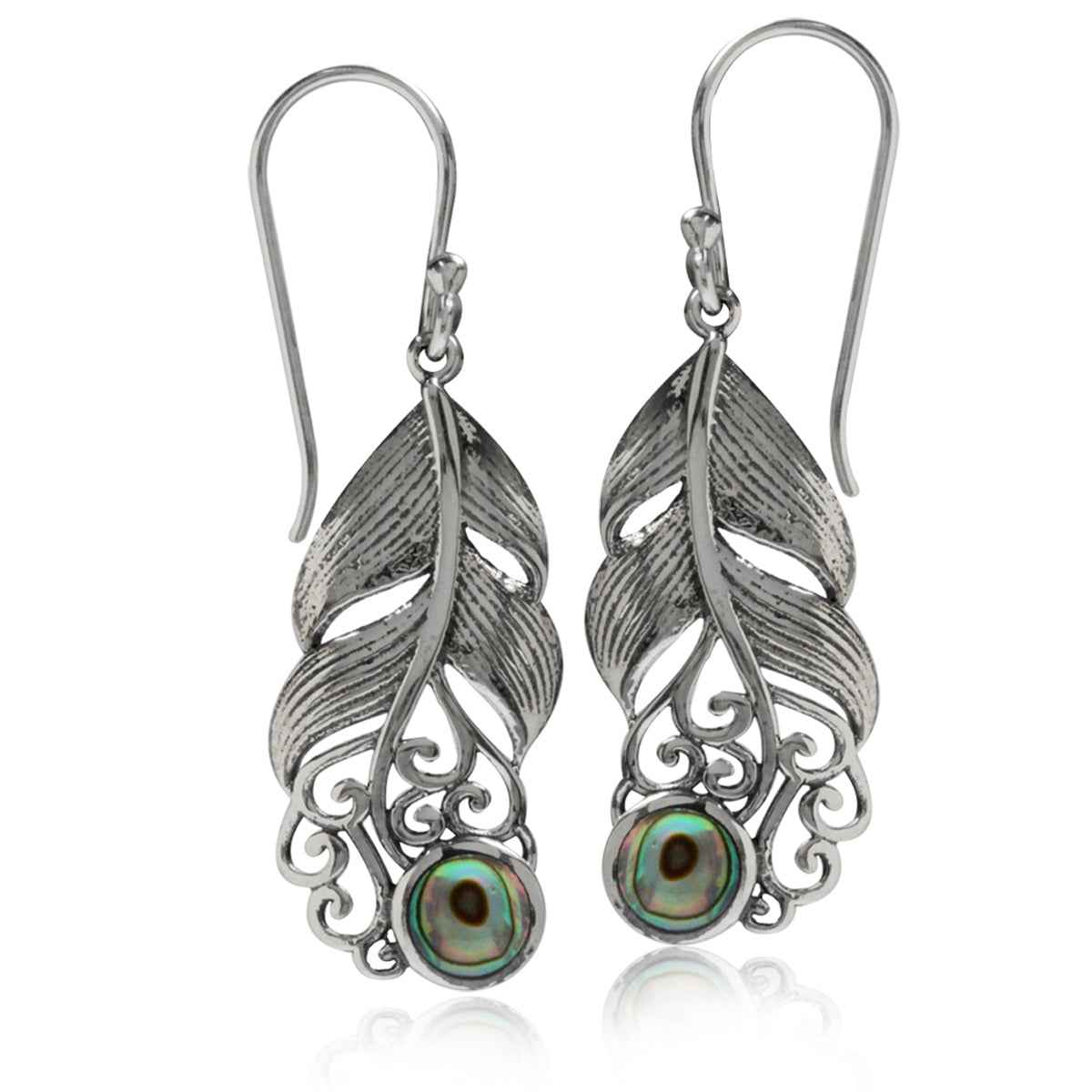 Abalone Paua Shell 925 Sterling Silver Feather Victorian Style Dangle Hook Earrings