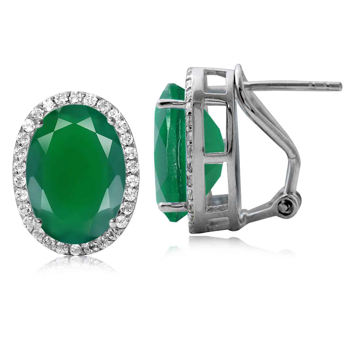 10.34ct. Classic Emerald Green Agate 925 Sterling Silver Omega Clip Post Earrings