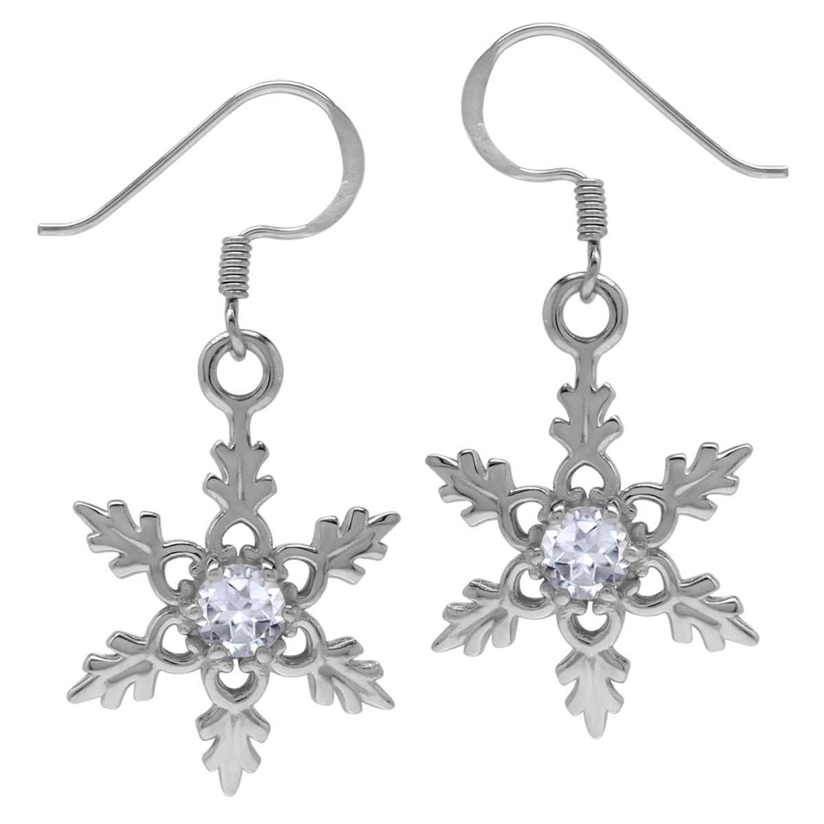 Genuine White Topaz 925 Sterling Silver Snowflake Dangle Hook Earrings