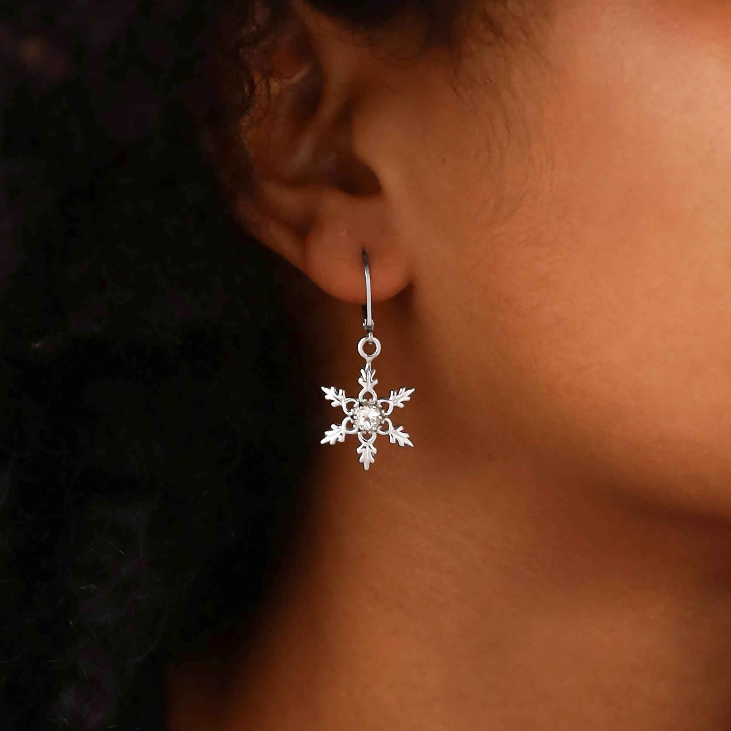 Genuine White Topaz 925 Sterling Silver Snowflake Dangle Hook Earrings