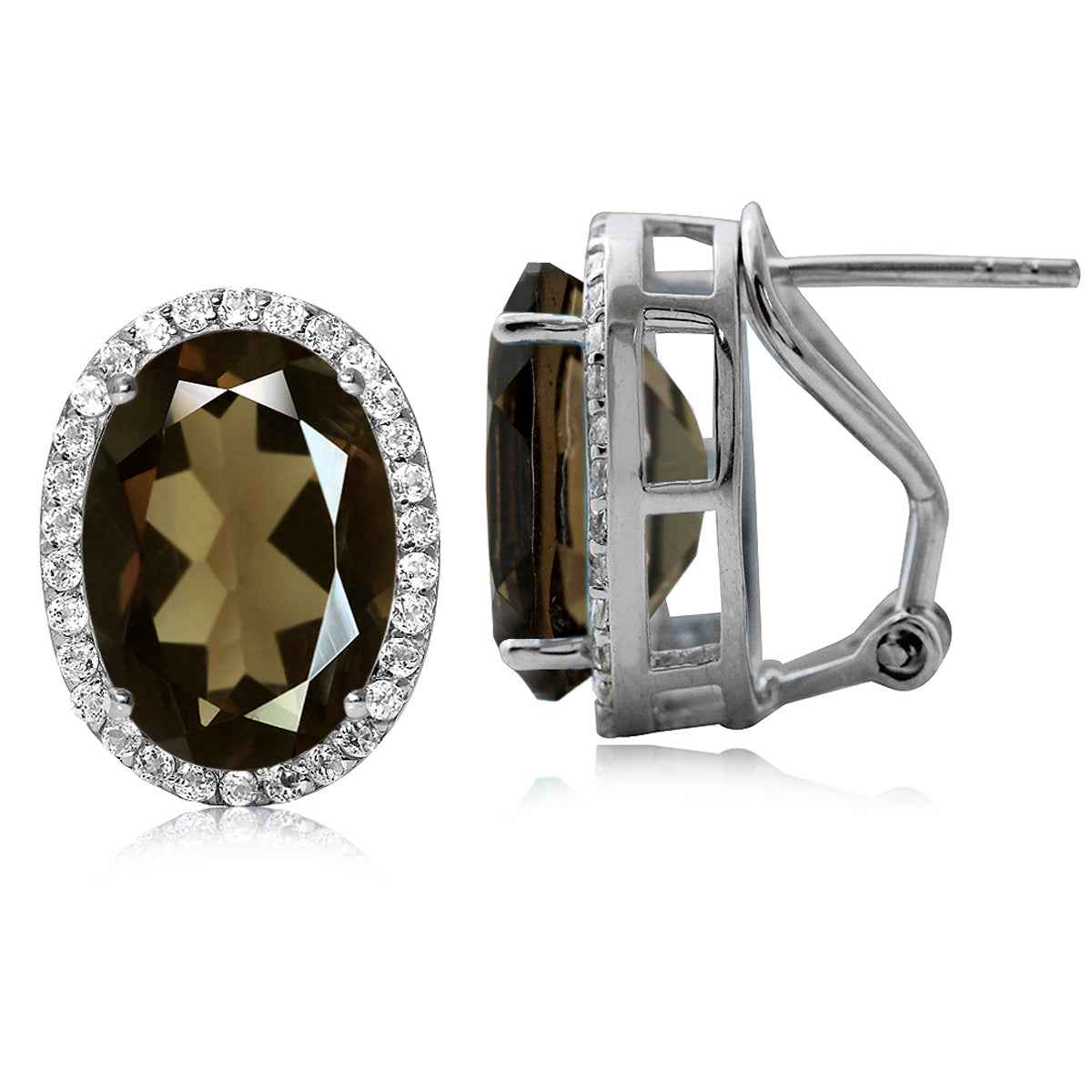 10.44ct. Classic Smoky Quartz and Topaz Sterling Silver Omega Clip Post Earrings