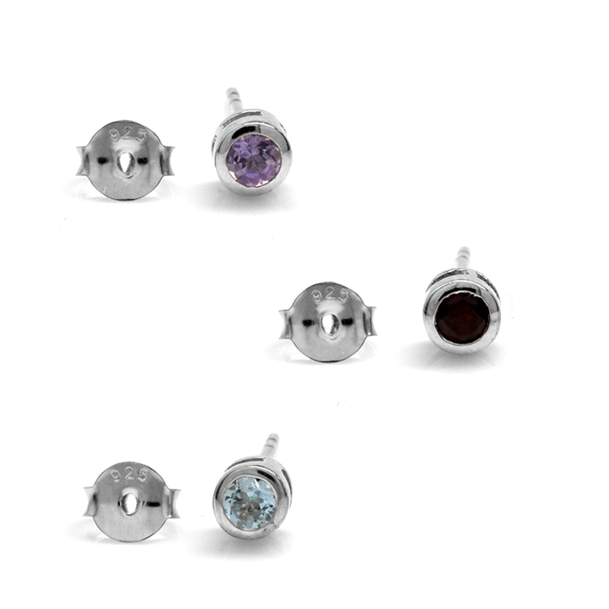 3 Pair 3mm Extra Petite Natural Amethyst Garnet and Blue Topaz 925 Sterling Silver Stud Earrings Set - Silvershake-store