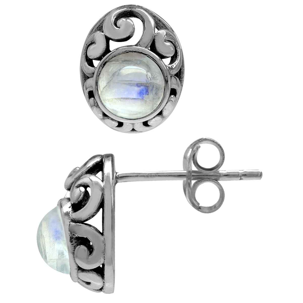 Petite Natural Moonstone 925 Sterling Silver Southwest Style Filigree Stud Earrings
