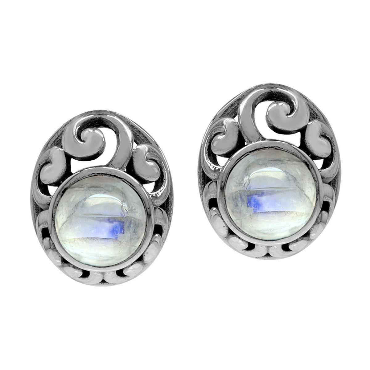 Petite Natural Moonstone 925 Sterling Silver Southwest Style Filigree Stud Earrings