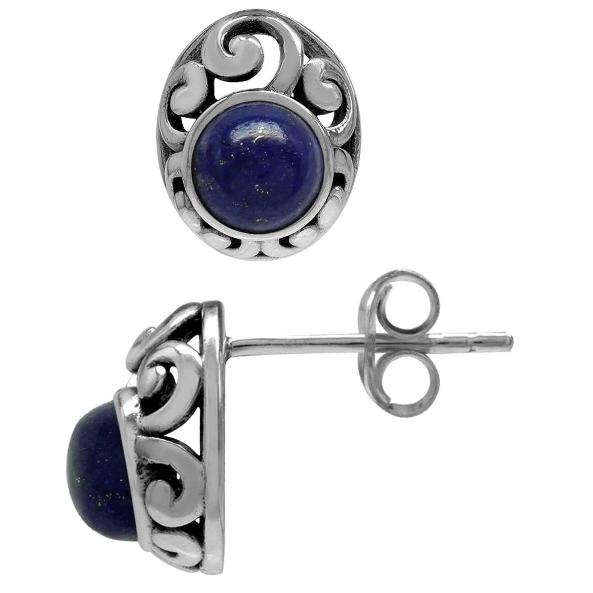 Petite Natural Lapis 925 Sterling Silver Southwest Style Filigree Stud Earrings