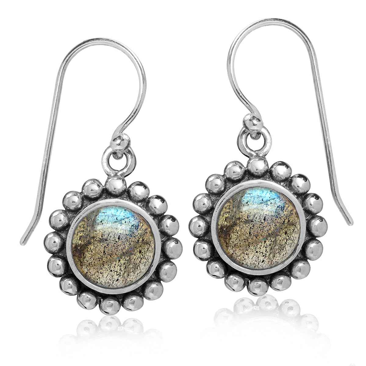 8mm Natural Labradorite 925 Sterling Silver Balinese Style Dangle Hook Earrings