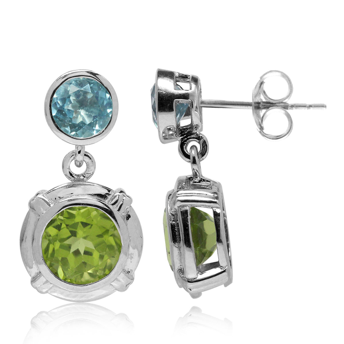 2.68ct. Natural Round Shape Peridot and Blue Topaz 925 Sterling Silver Dangle Post Earrings