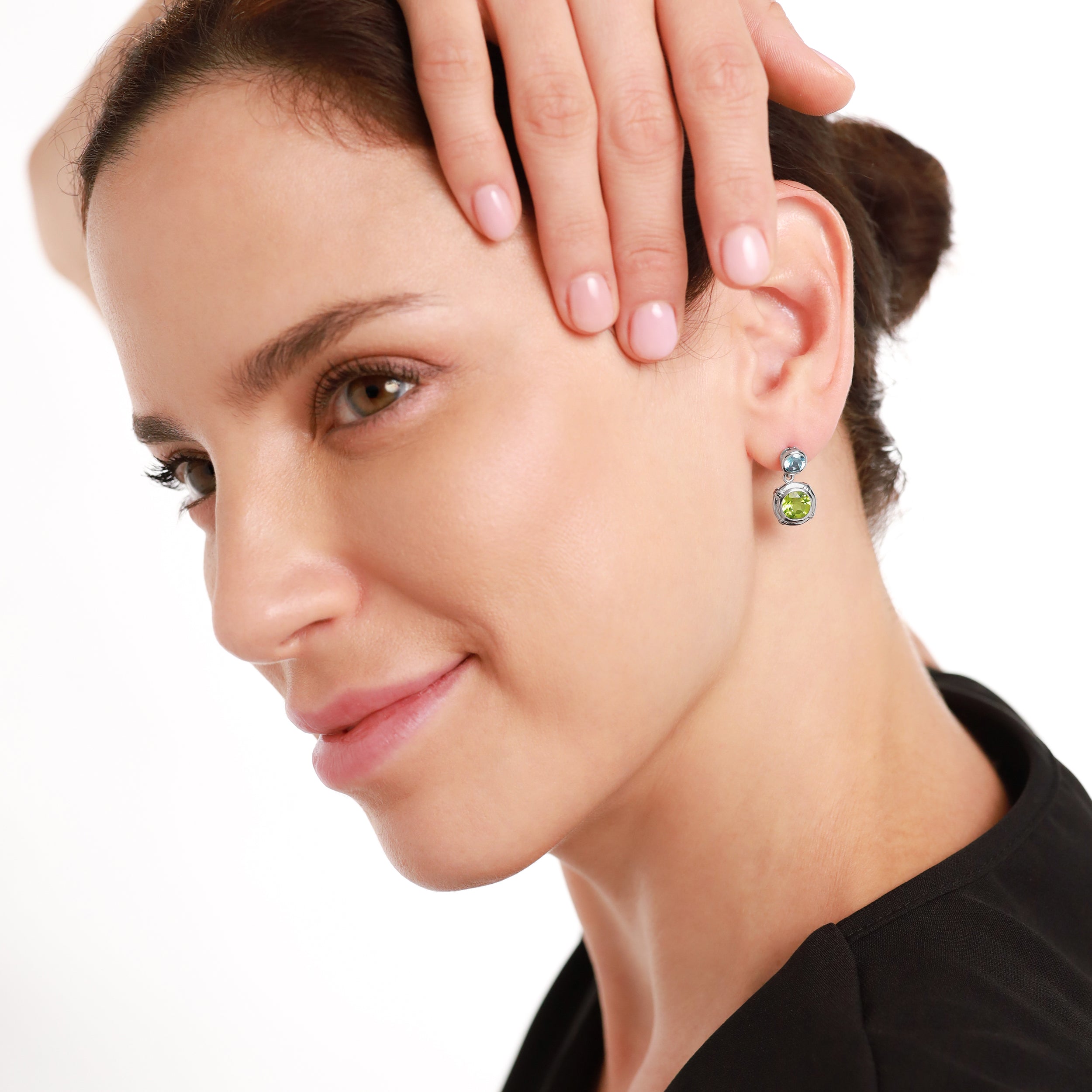 2.68ct. Natural Round Shape Peridot and Blue Topaz 925 Sterling Silver Dangle Post Earrings