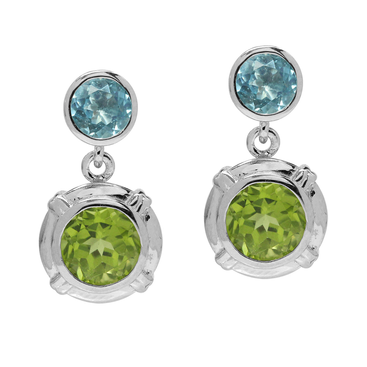 2.68ct. Natural Round Shape Peridot and Blue Topaz 925 Sterling Silver Dangle Post Earrings