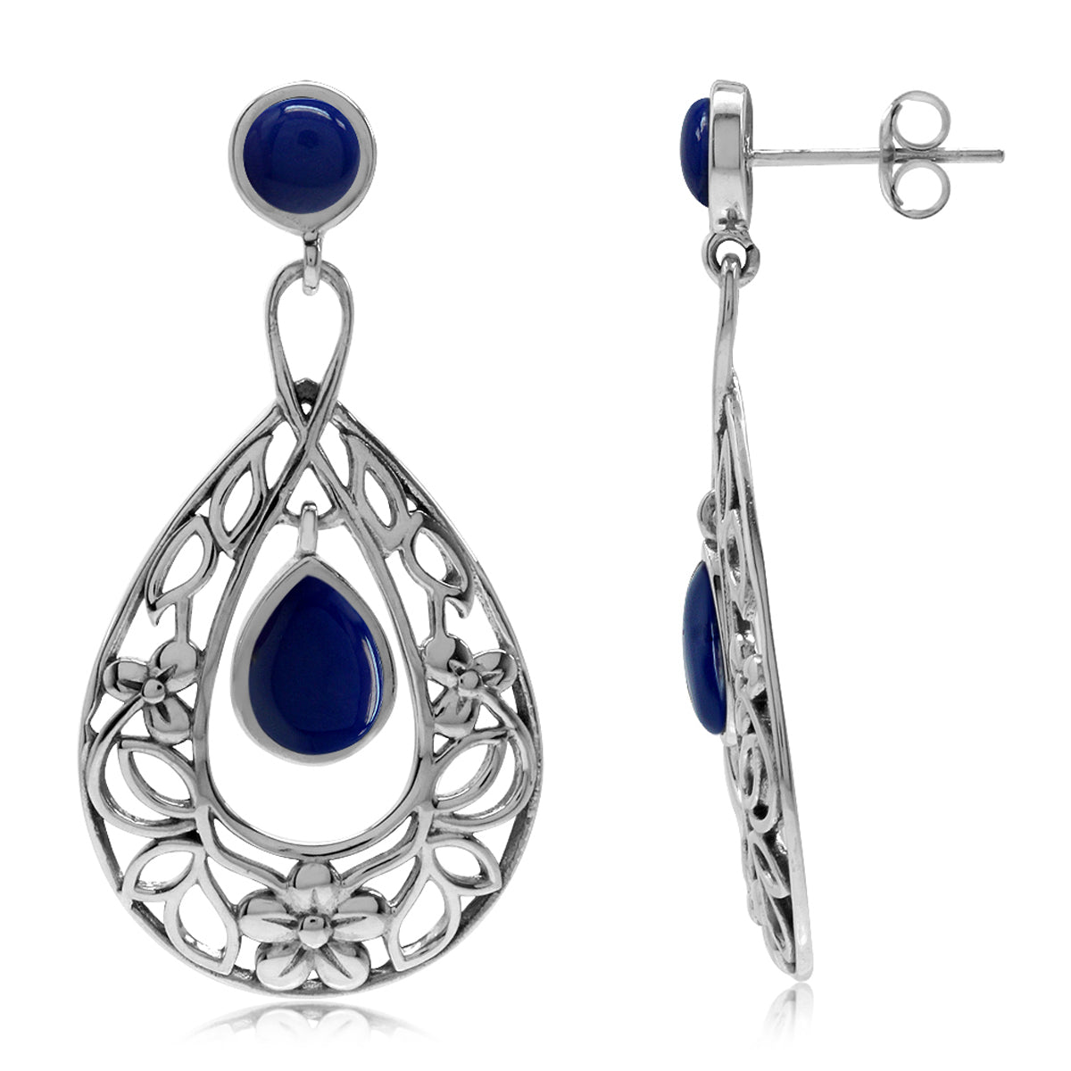 Created Lapis 925 Sterling Silver Flower Leaf Filigree Drop Dangle Earrings
