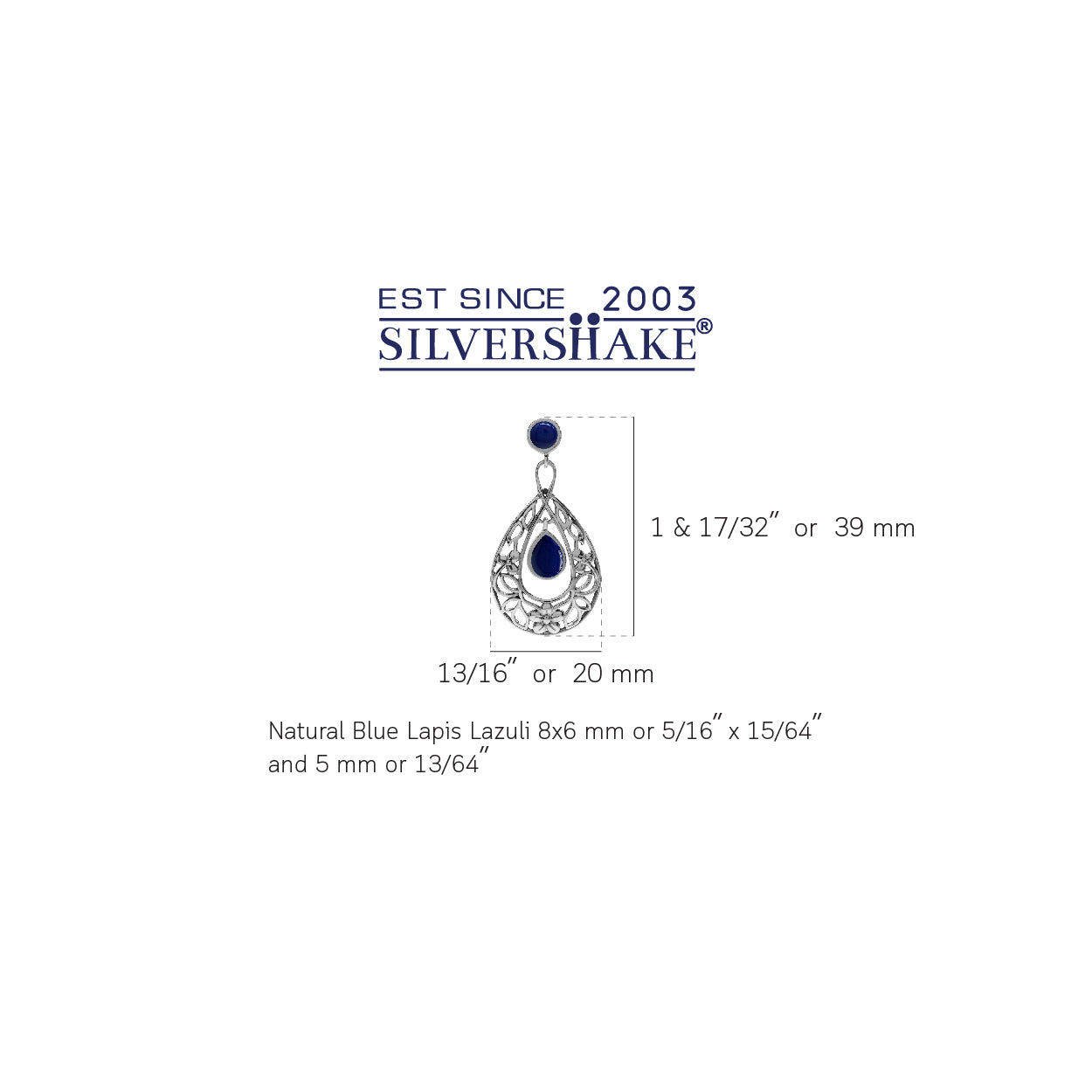 Created Lapis 925 Sterling Silver Flower Leaf Filigree Drop Dangle Earrings