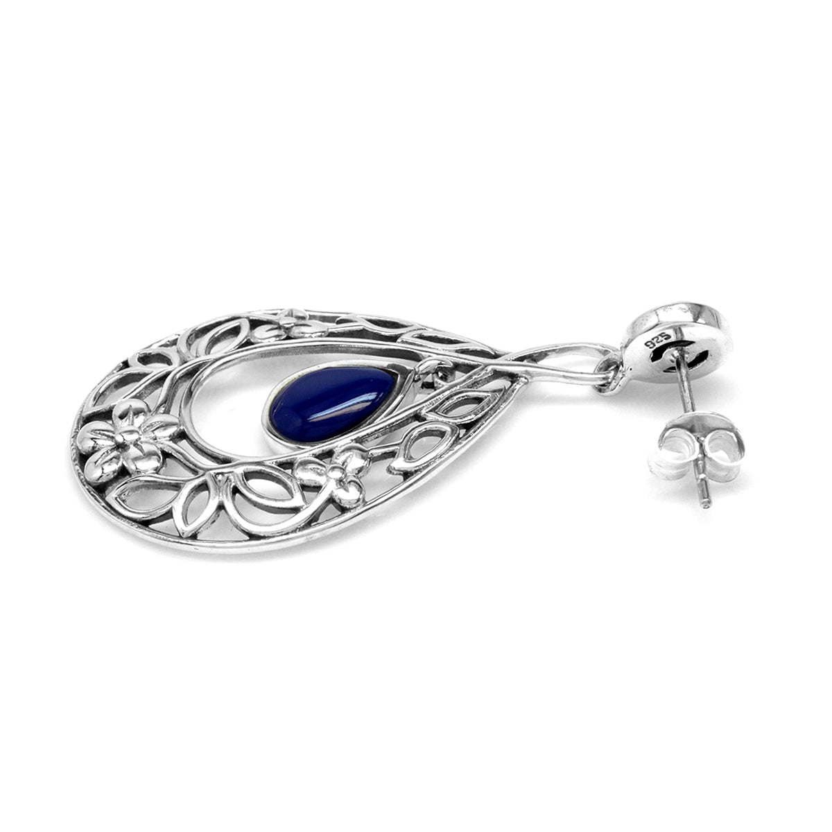 Created Lapis 925 Sterling Silver Flower Leaf Filigree Drop Dangle Earrings