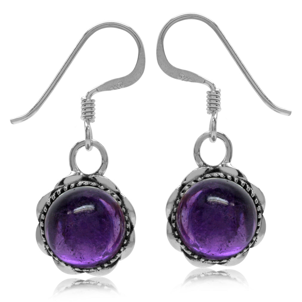 Cabochon Amethyst 925 Sterling Silver Filigree Dangle Hook Earrings - Silvershake-store