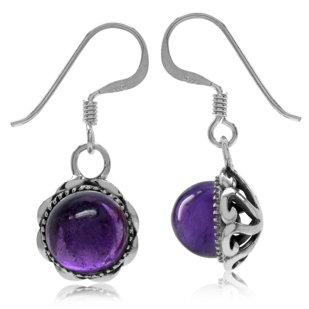 Cabochon Amethyst 925 Sterling Silver Filigree Dangle Hook Earrings - Silvershake-store