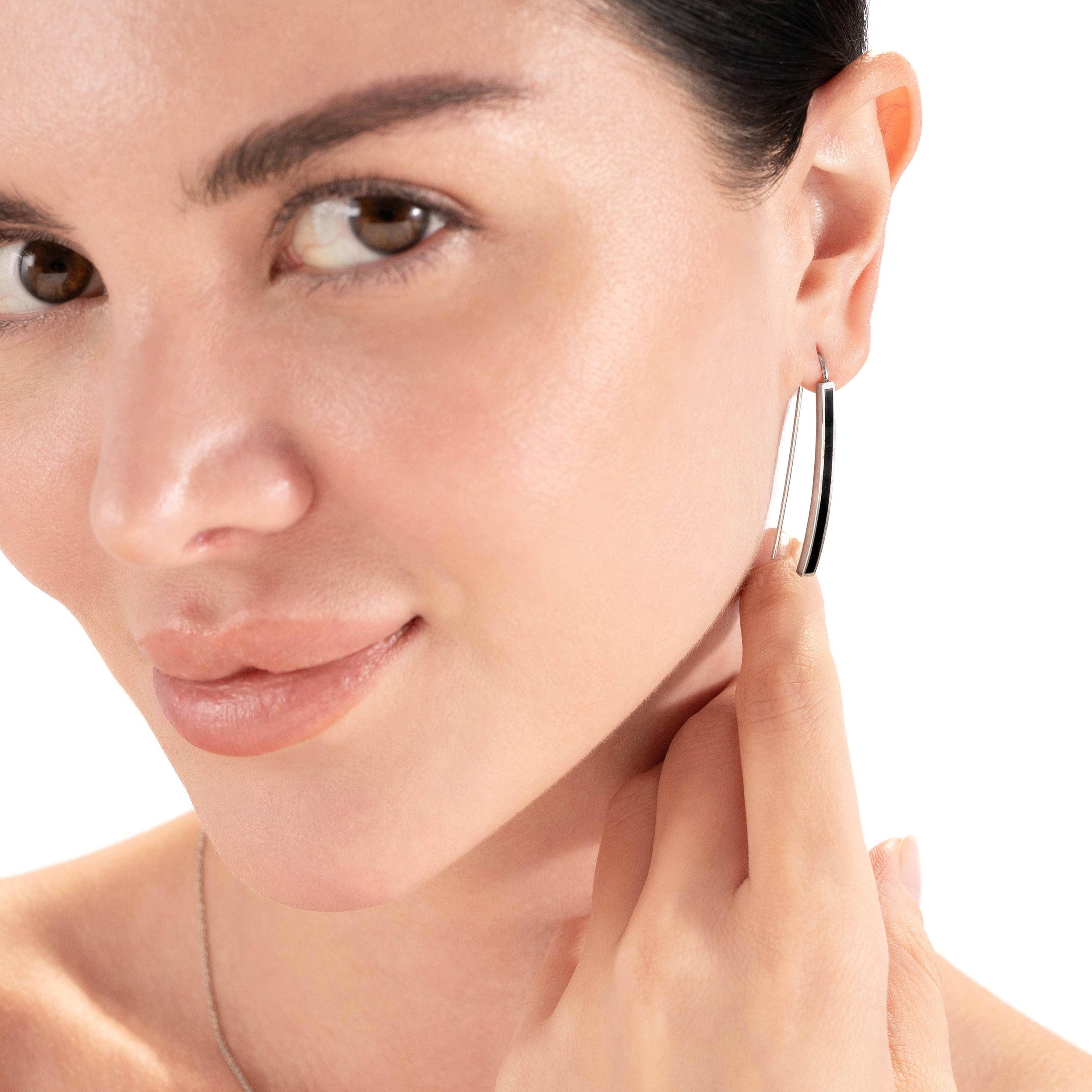 Long Created Black Onyx Inlay White Gold Plated 925 Sterling Silver Threader Earrings - Silvershake-store