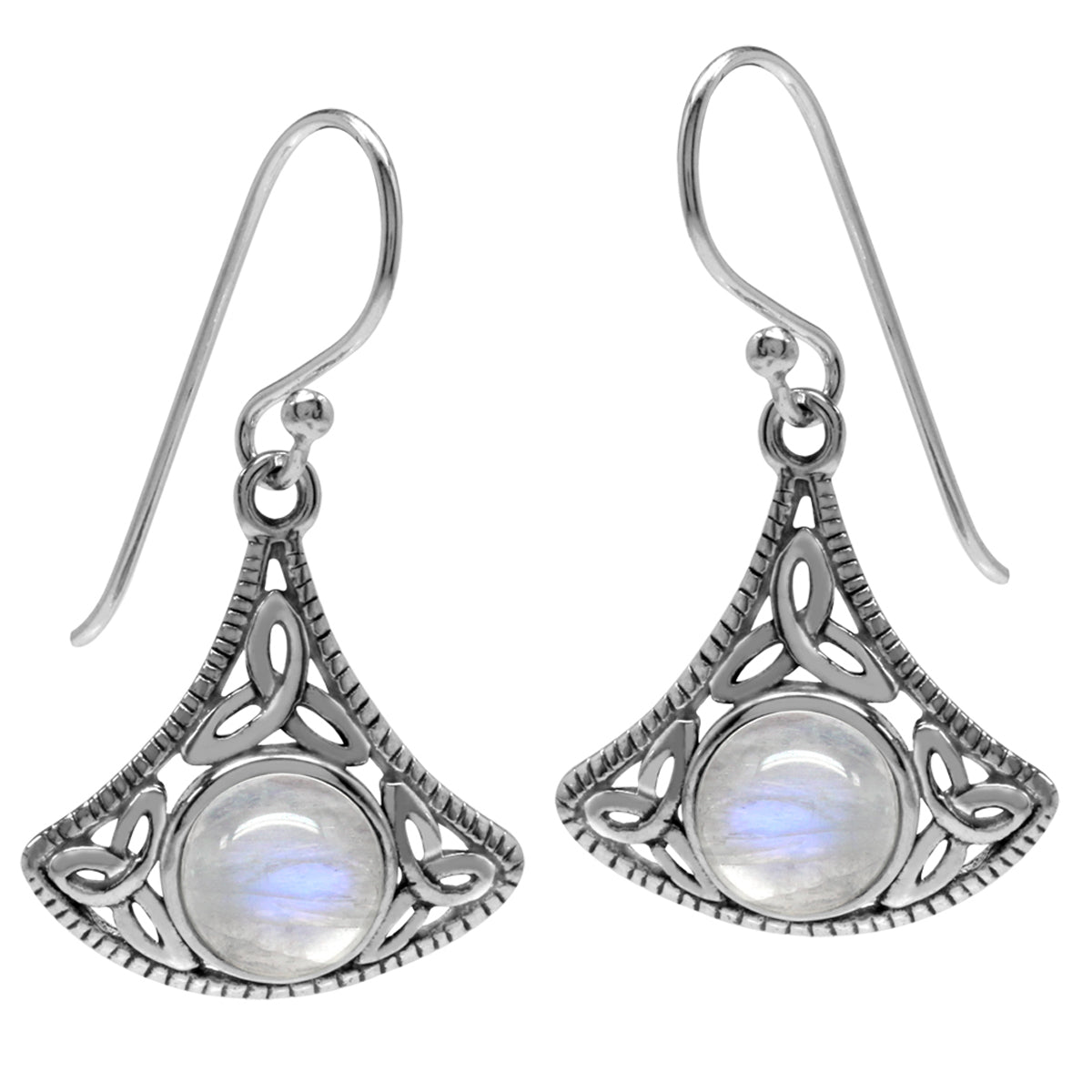 Natural Moonstone 925 Sterling Silver Triquetra Celtic Knot Dangle Hook Earrings