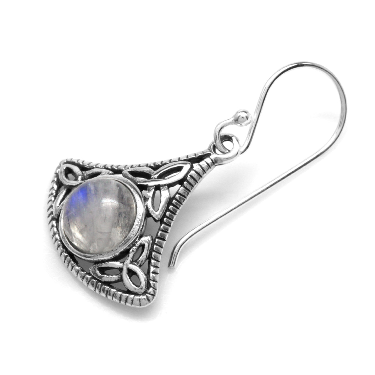 Natural Moonstone 925 Sterling Silver Triquetra Celtic Knot Dangle Hook Earrings