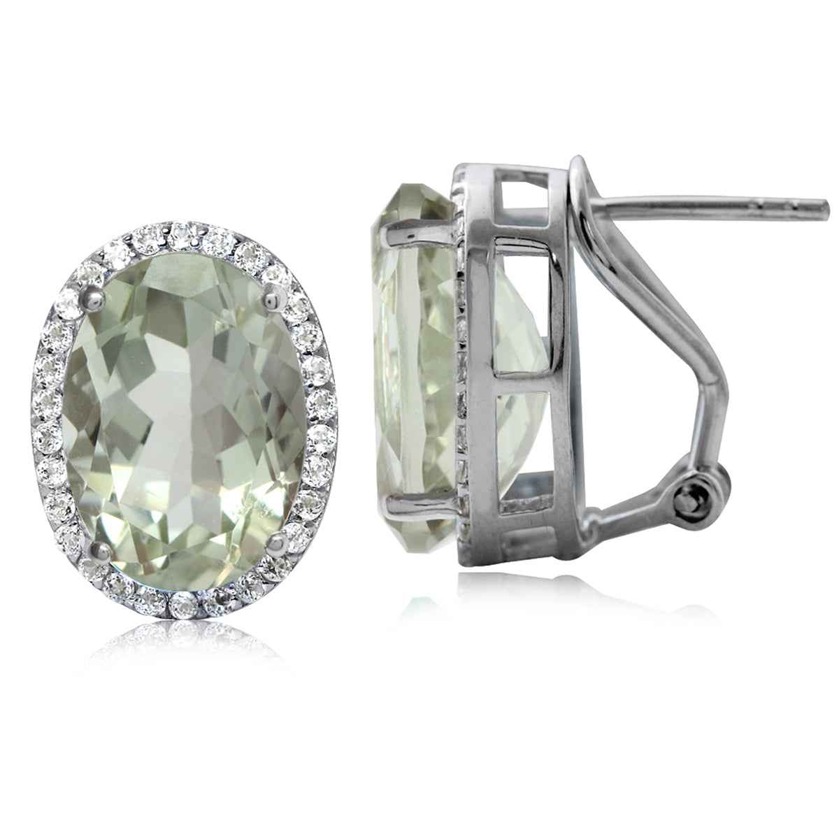 8.52ct. Classic Green Amethyst and Topaz White Gold Plated 925 Sterling Silver Omega Clip Post Earrings