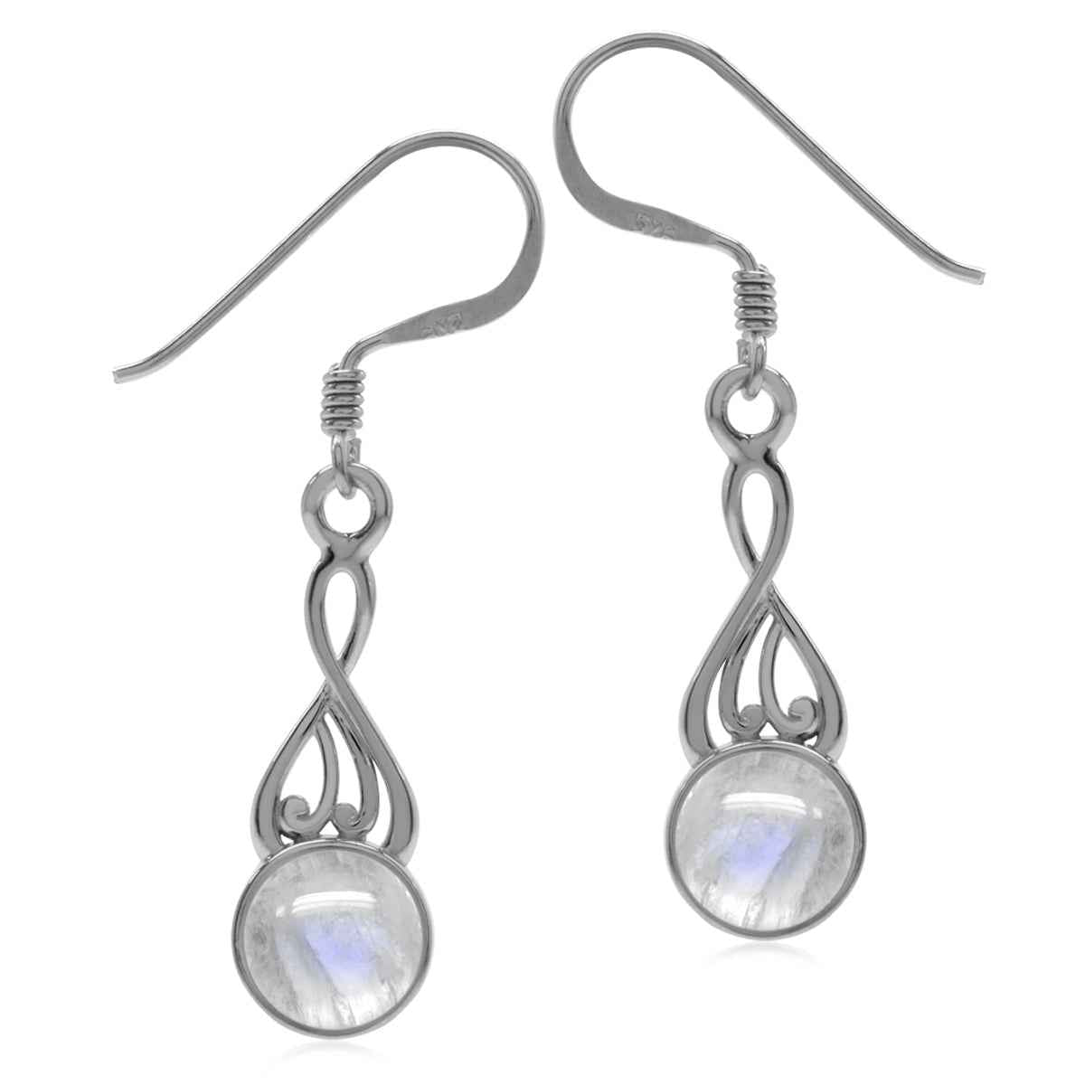 Natural Moonstone White Gold Plated 925 Sterling Silver Victorian Swirl Style Dangle Hook Earrings