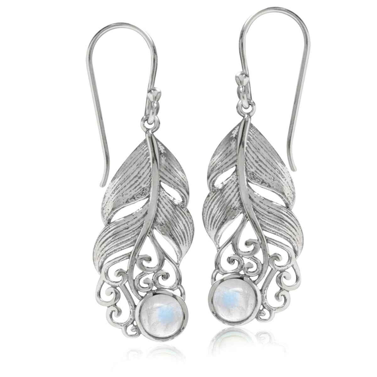 Natural Moonstone 925 Sterling Silver Feather Victorian Style Dangle Hook Earrings