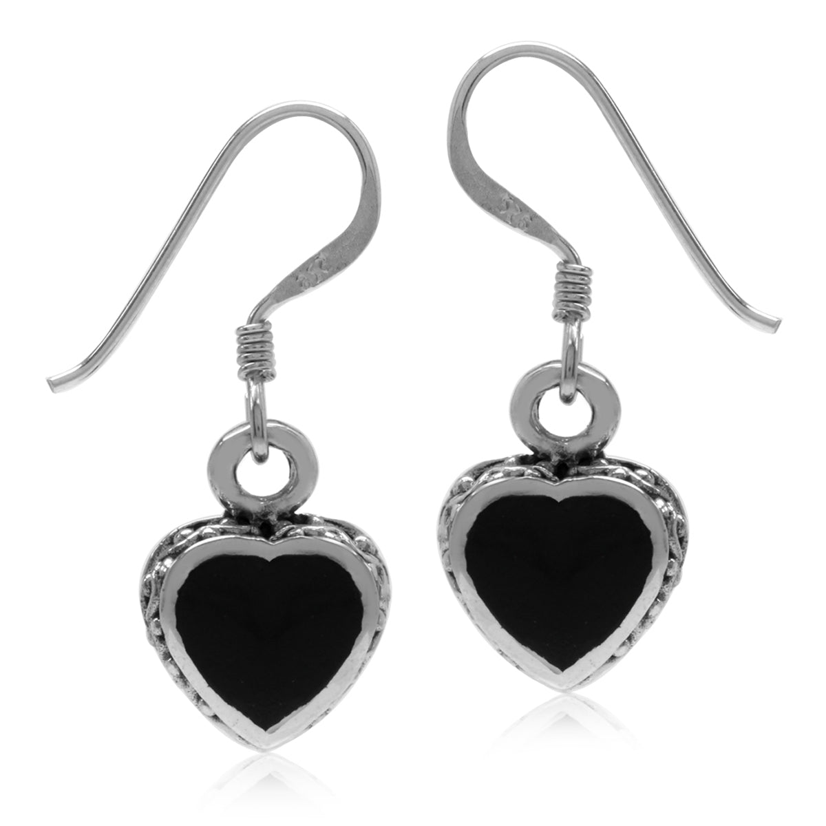 Heart Shape Created Black Onyx Inlay 925 Sterling Silver Dangle Hook Earrings - Silvershake-store