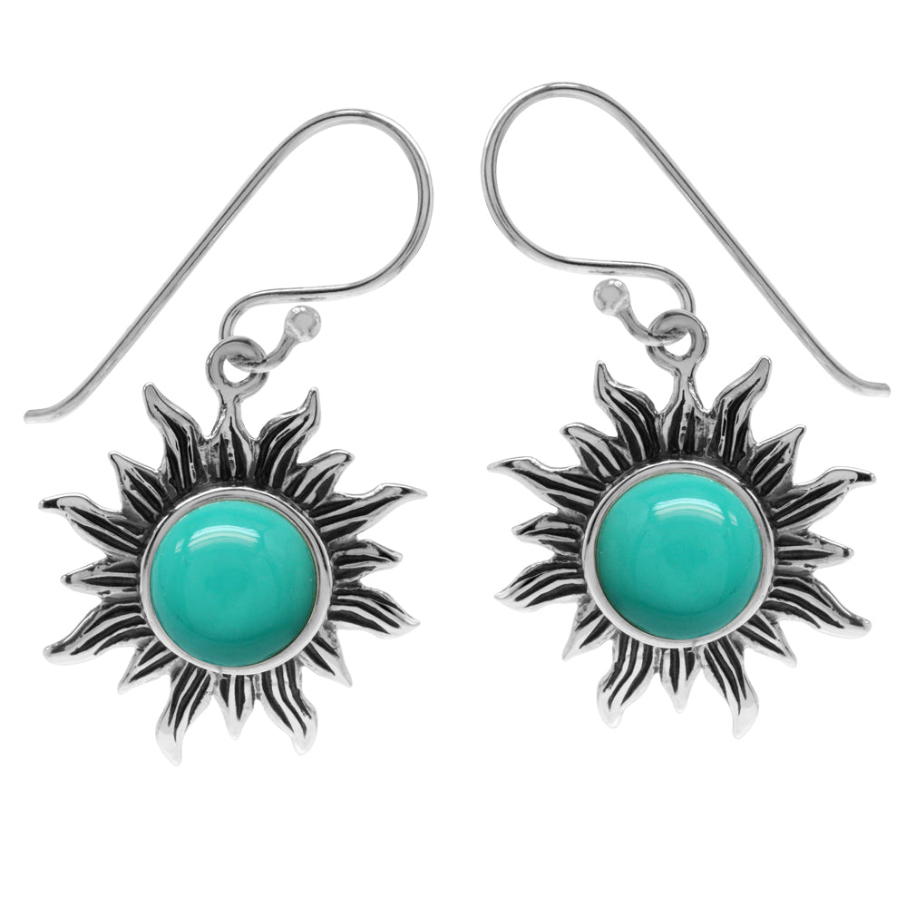 Created Green Turquoise 925 Sterling Silver Sun Ray Inspired Dangle Hook Earrings - Silvershake-store