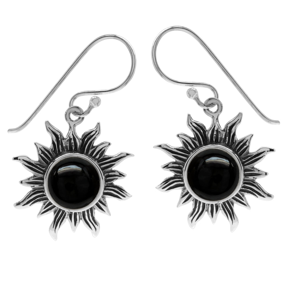 Created Black Onyx 925 Sterling Silver Sun Ray Inspired Dangle Hook Earrings - Silvershake-store