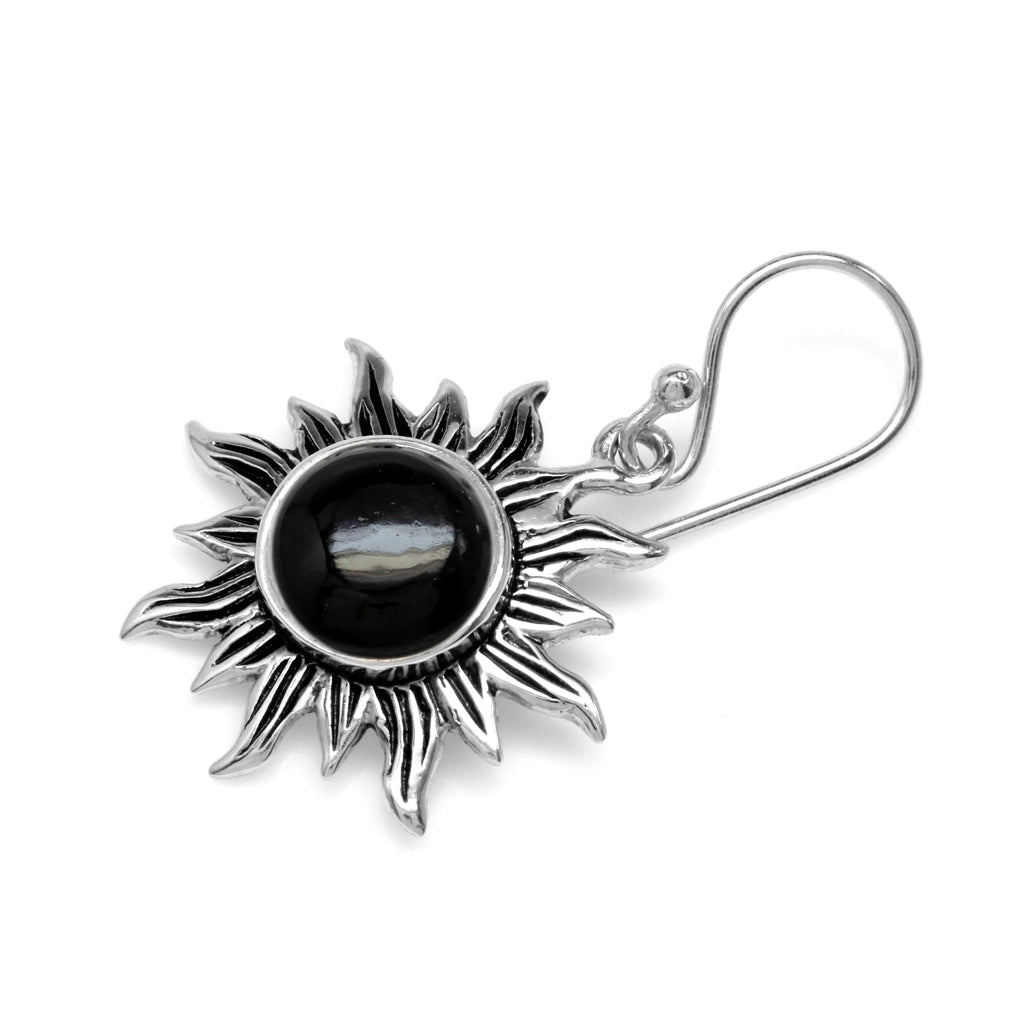 Created Black Onyx 925 Sterling Silver Sun Ray Inspired Dangle Hook Earrings - Silvershake-store
