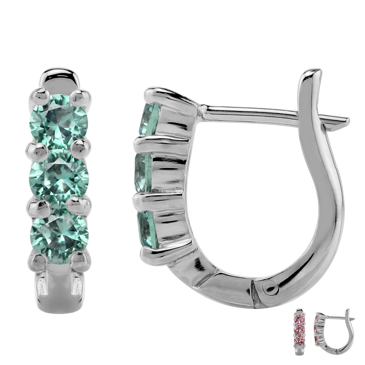 3-Stone 3MM Created Round Shape Color Change Alexandrite White Gold Plated 925 Sterling Silver English Huggie Hoop Earrings June Gemstone Birthstone - Silvershake-store