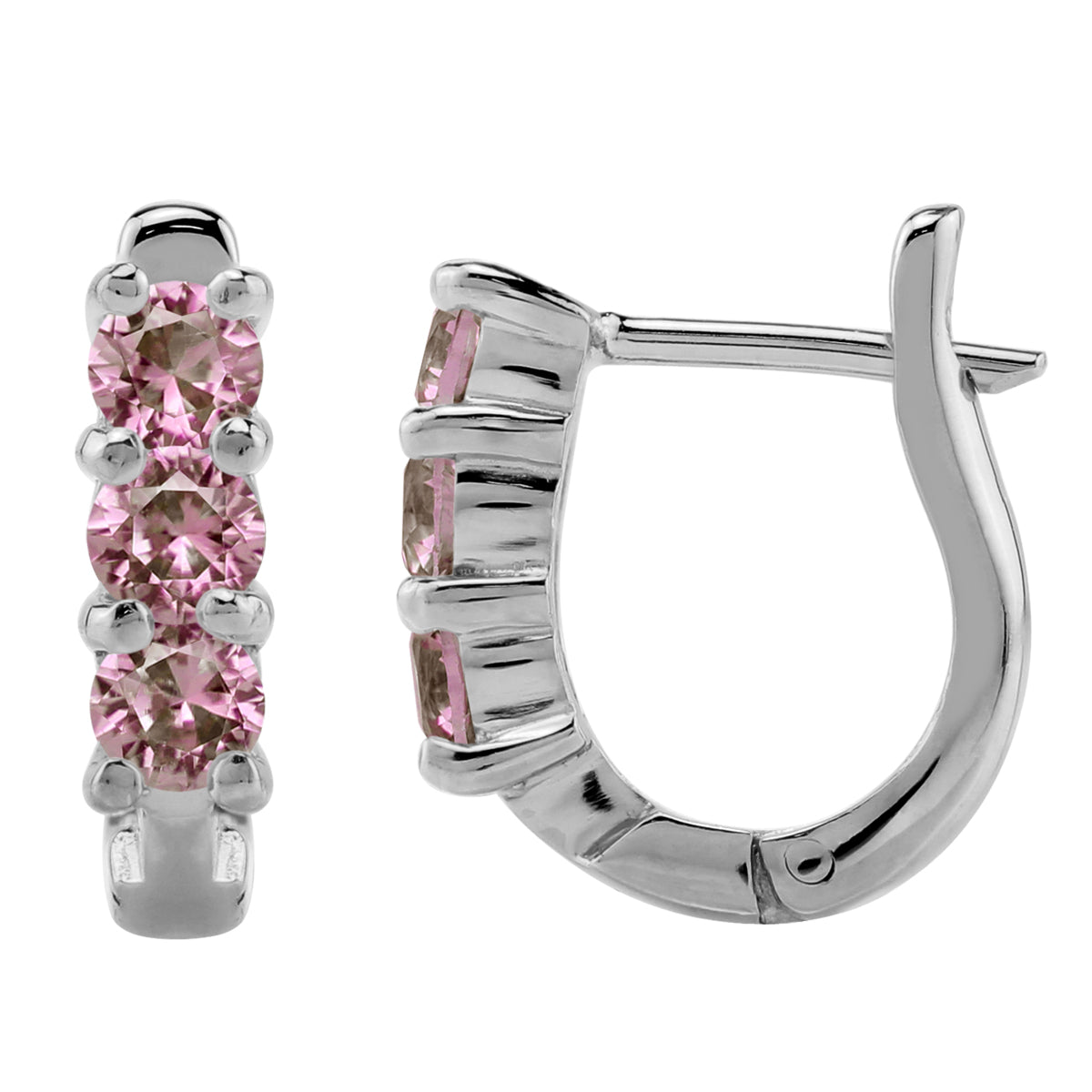 3-Stone 3MM Created Round Shape Color Change Alexandrite White Gold Plated 925 Sterling Silver English Huggie Hoop Earrings June Gemstone Birthstone - Silvershake-store