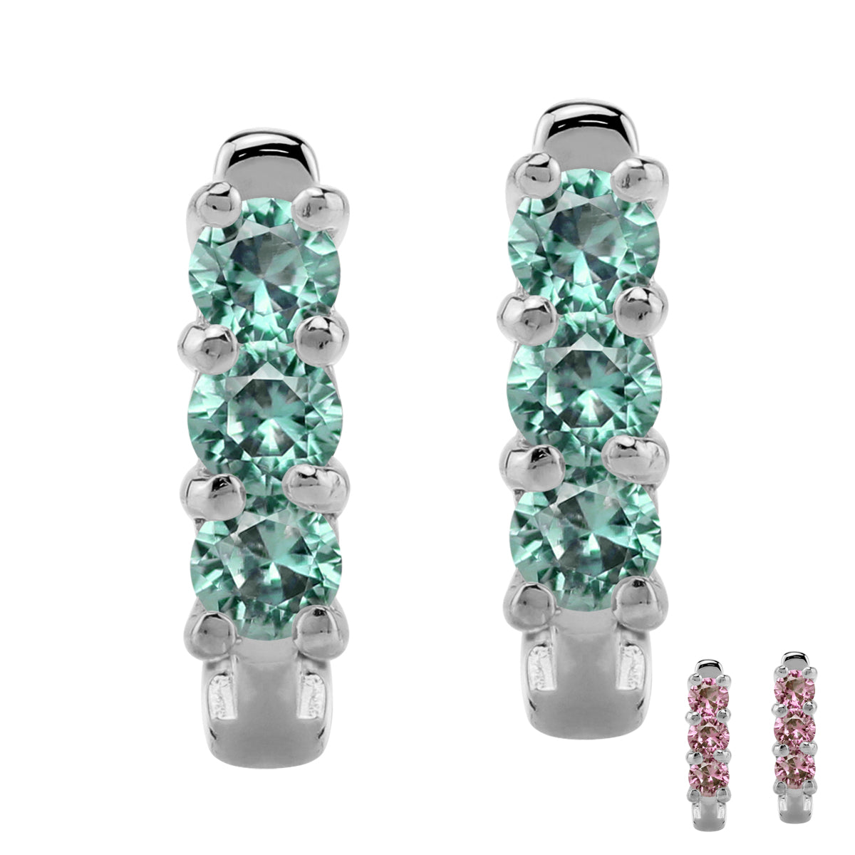 3-Stone 3MM Created Round Shape Color Change Alexandrite White Gold Plated 925 Sterling Silver English Huggie Hoop Earrings June Gemstone Birthstone - Silvershake-store
