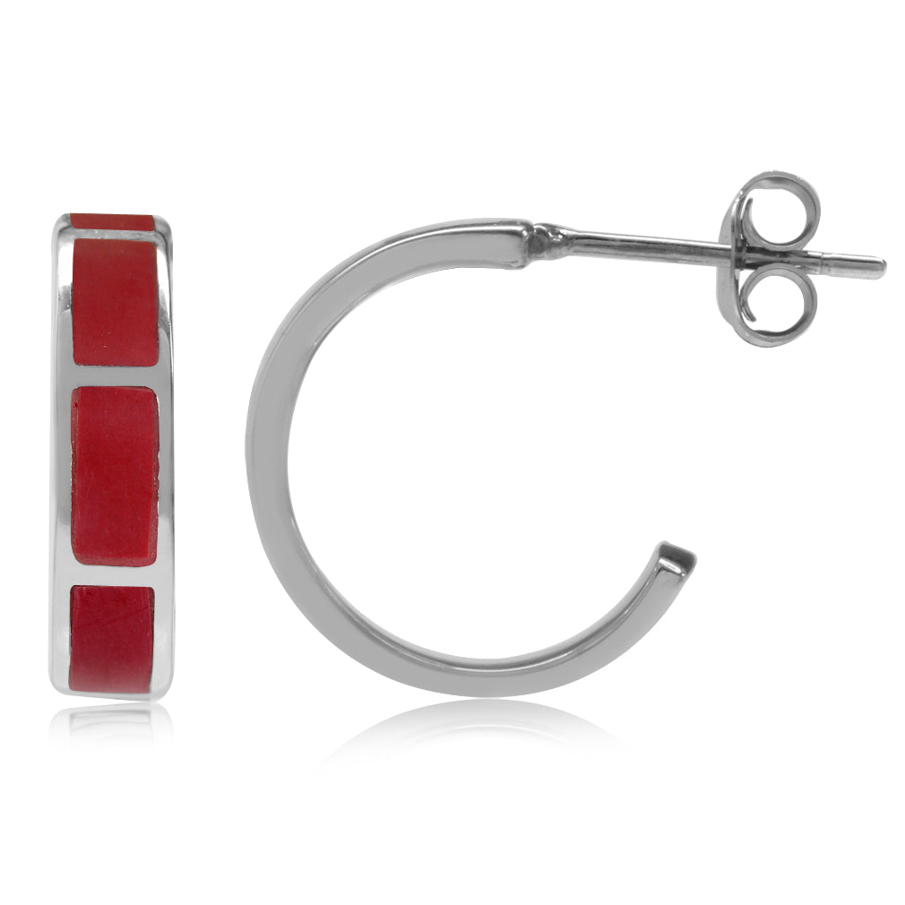 Created Red Coral Inlay White Gold Plated 925 Sterling Silver C Hoop Earrings - Silvershake-store