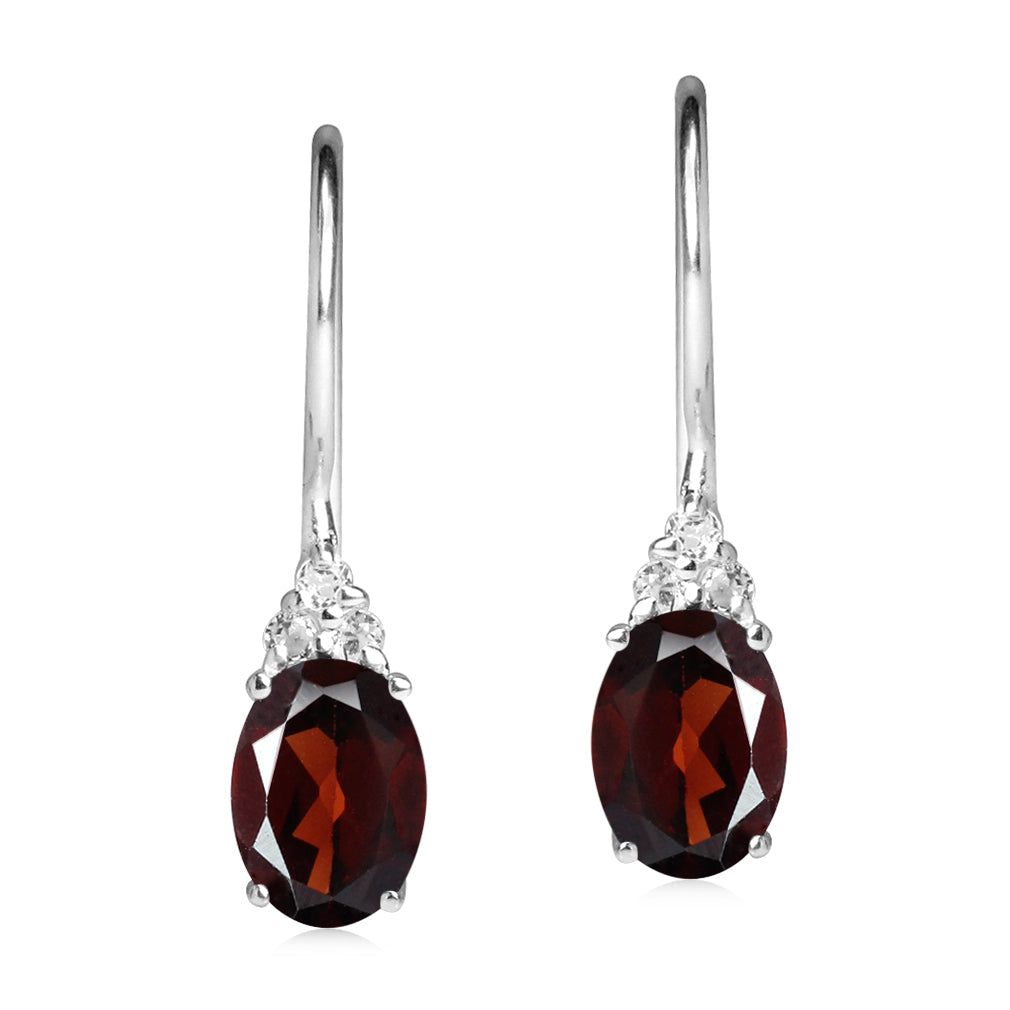 1.8ct. 7X5mm Natural Oval Shape Garnet and White Topaz 925 Sterling Silver Hook Closure Earrings - Silvershake-store