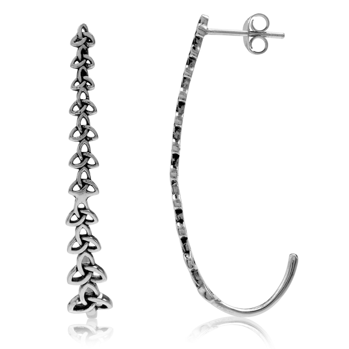 925 Sterling Silver Triquetra Celtic Knot J Hoop Earrings
