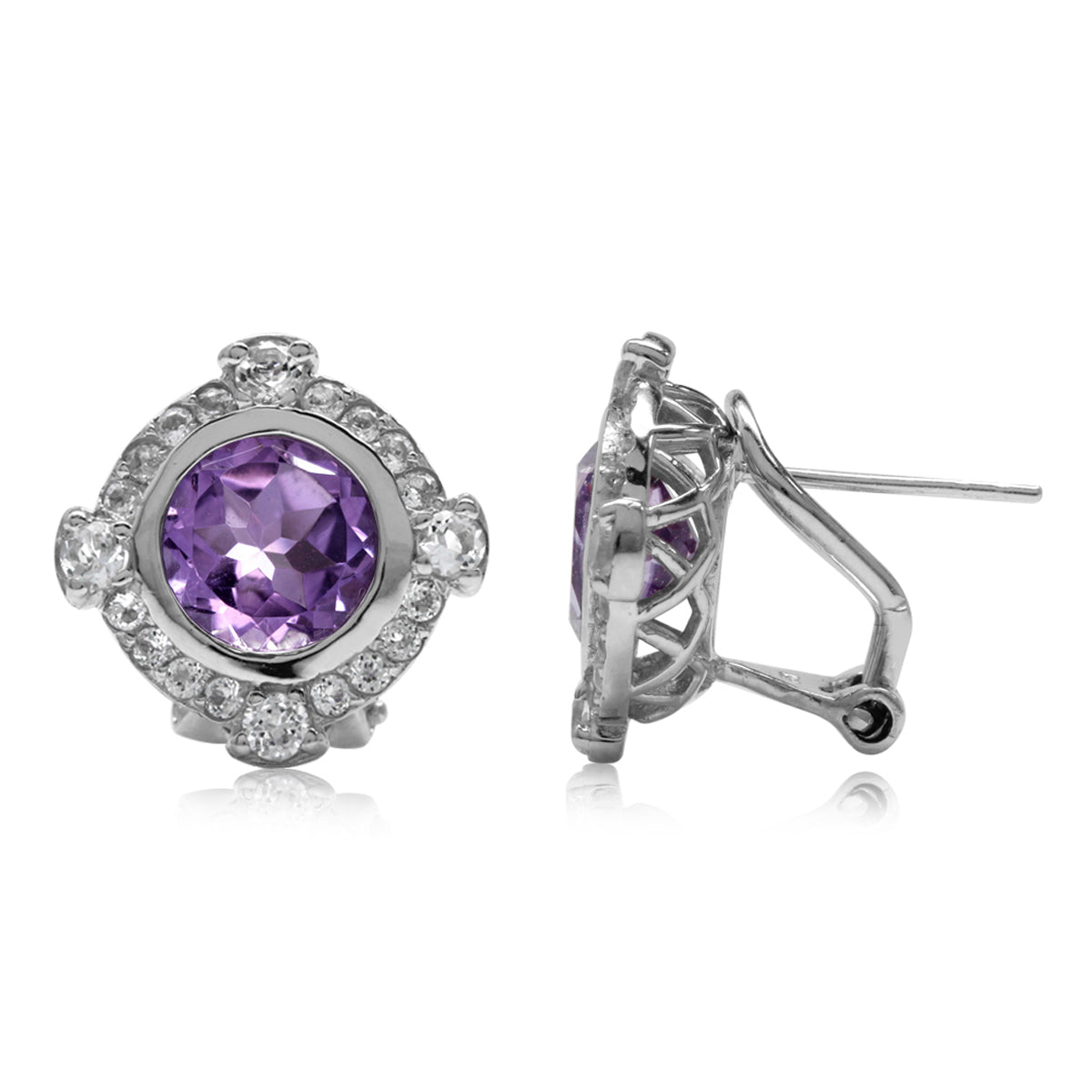 3.4ct. Genuine Round Shape Amethyst Gold Plated 925 Sterling Silver Omega Clip Post Earrings