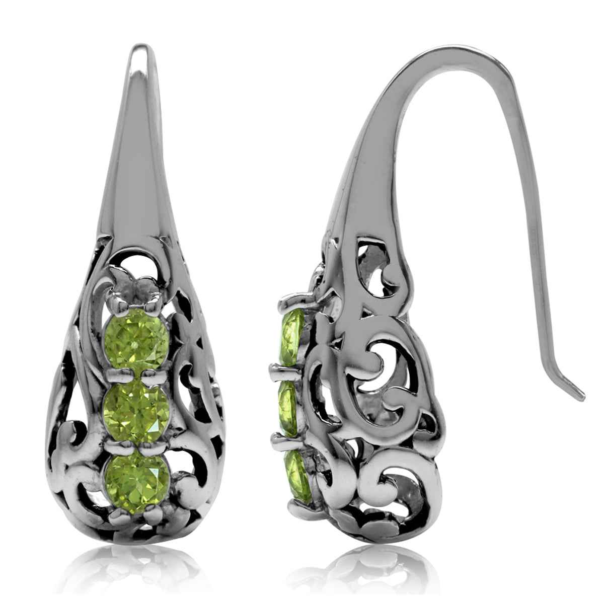 3 Stone Natural Peridot 925 Sterling Silver Victorian Style Hook Earrings