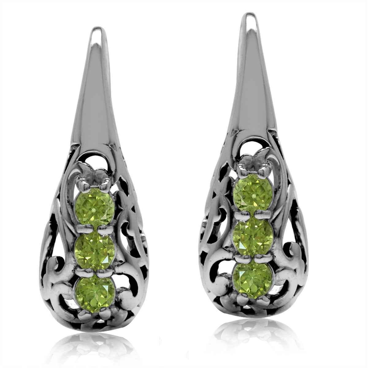3 Stone Natural Peridot 925 Sterling Silver Victorian Style Hook Earrings
