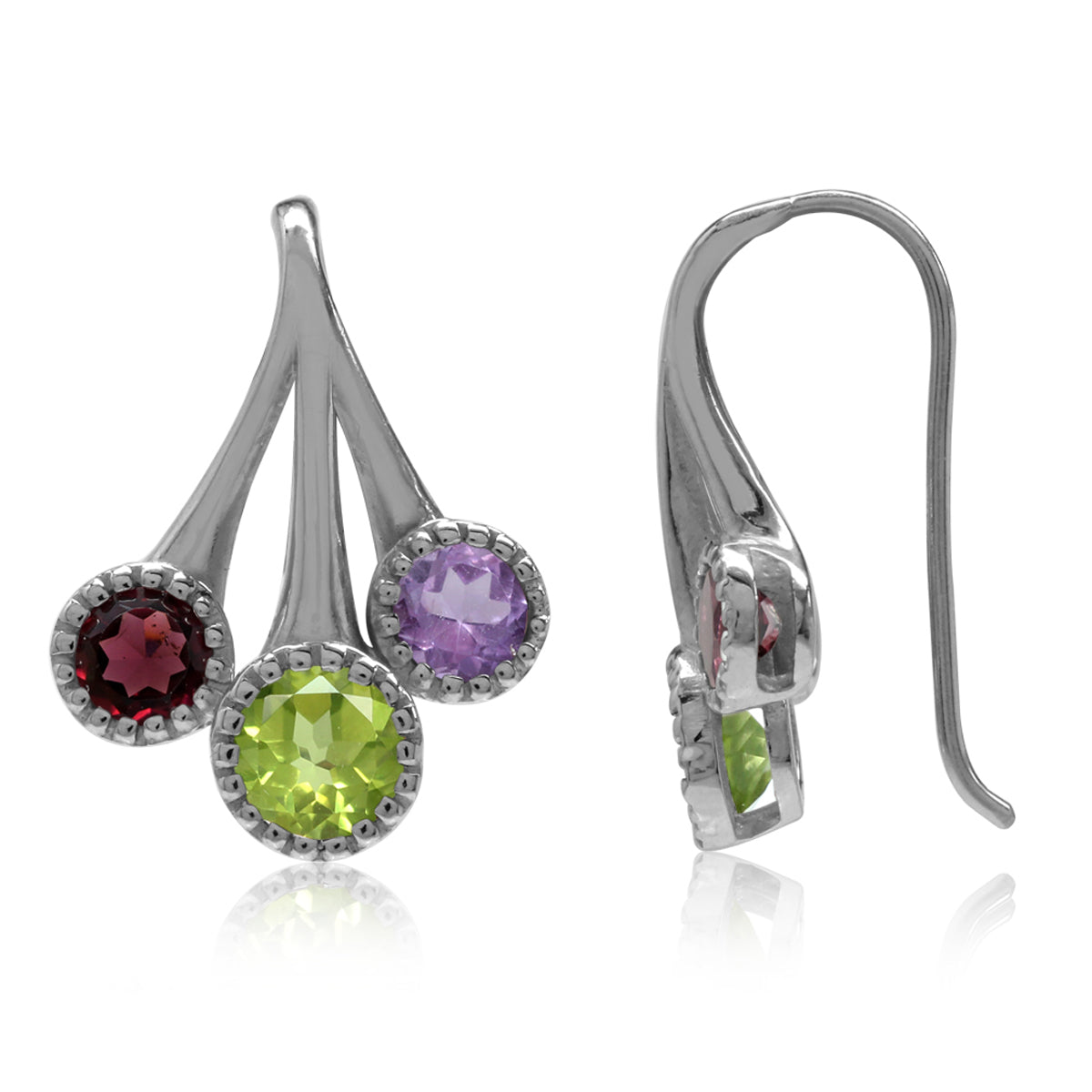 1.14ct. Natural Peridot, Rhodolite Garnet & Amethyst 925 Sterling Silver Hook Earrings