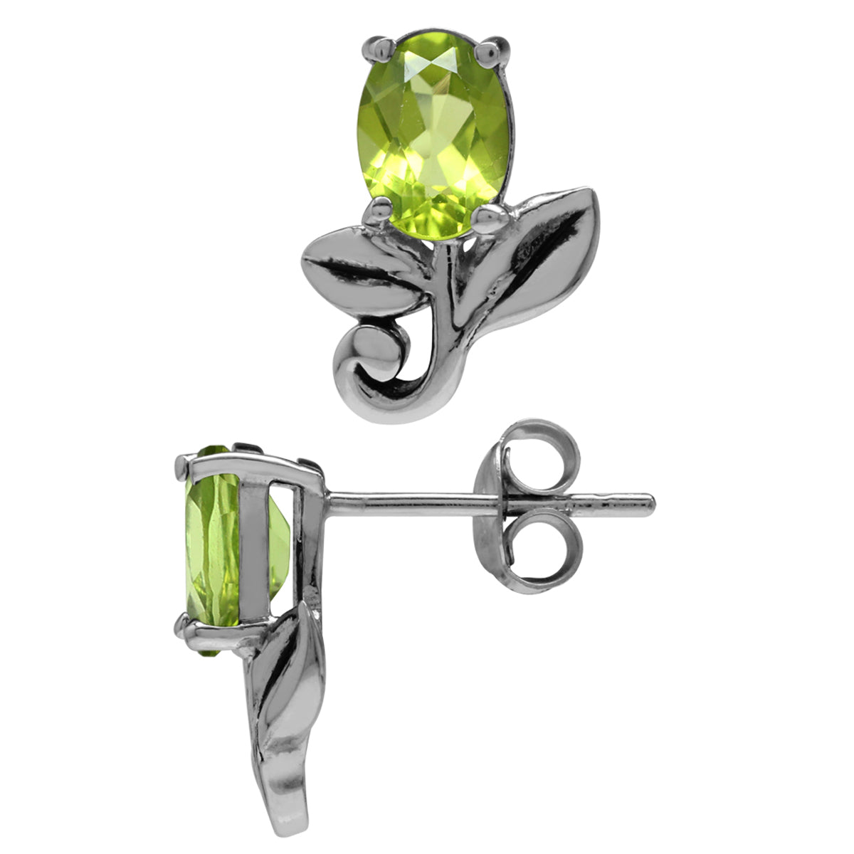 1.76ct. Natural Oval Shape Peridot 925 Sterling Silver Leaf Vintage Inspired Stud/Post Earrings