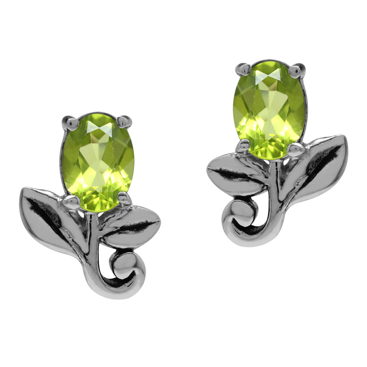 1.76ct. Natural Oval Shape Peridot 925 Sterling Silver Leaf Vintage Inspired Stud/Post Earrings