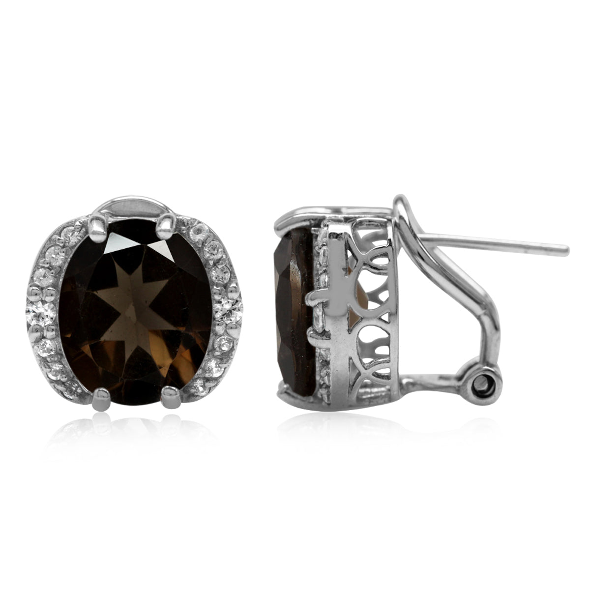 8.28ct. 12x10MM Natural Oval Shape Smoky Quartz 925 Sterling Silver Omega Clip Post Earrings