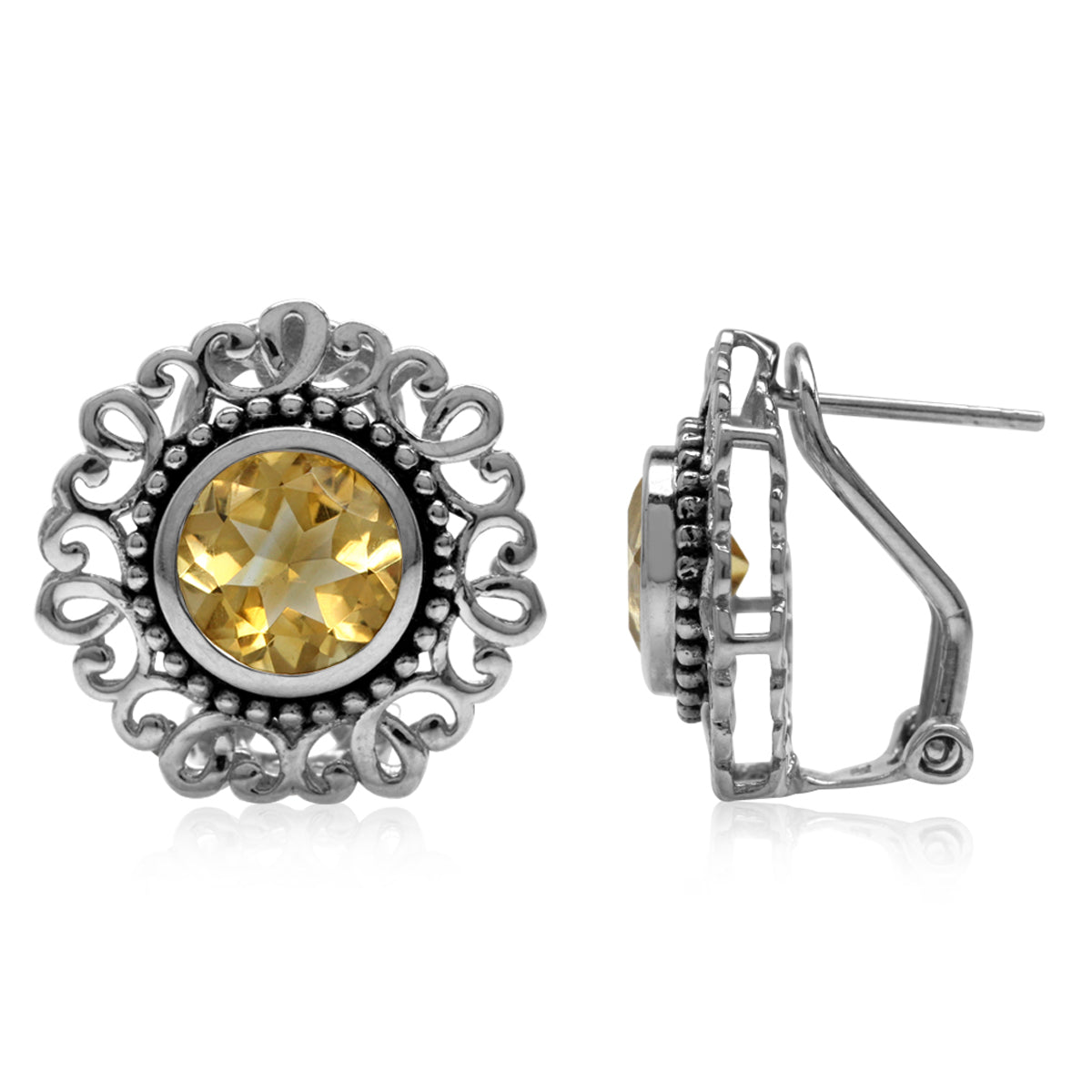 3.84ct. 8MM Natural Round Citrine 925 Sterling Silver Filigree Balinese Style Omega Clip Earrings