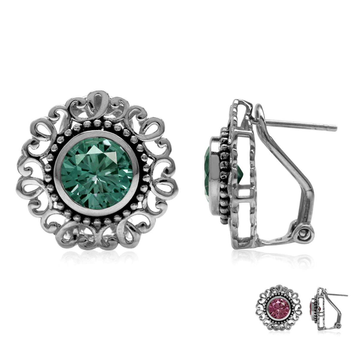 8MM Round Simulated Color Change Alexandrite 925 Sterling Silver Balinese Style Omega Clip Earrings