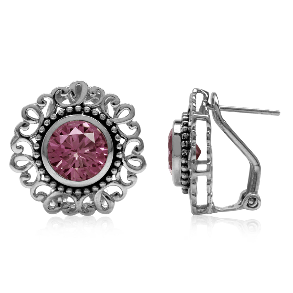 8MM Round Simulated Color Change Alexandrite 925 Sterling Silver Balinese Style Omega Clip Earrings