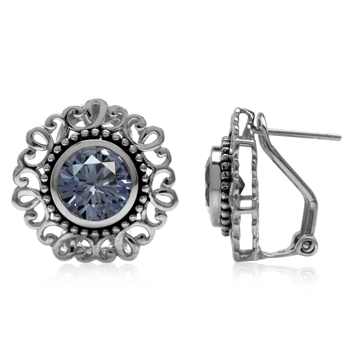 8MM Round Simulated Color Change Alexandrite 925 Sterling Silver Balinese Style Omega Clip Earrings