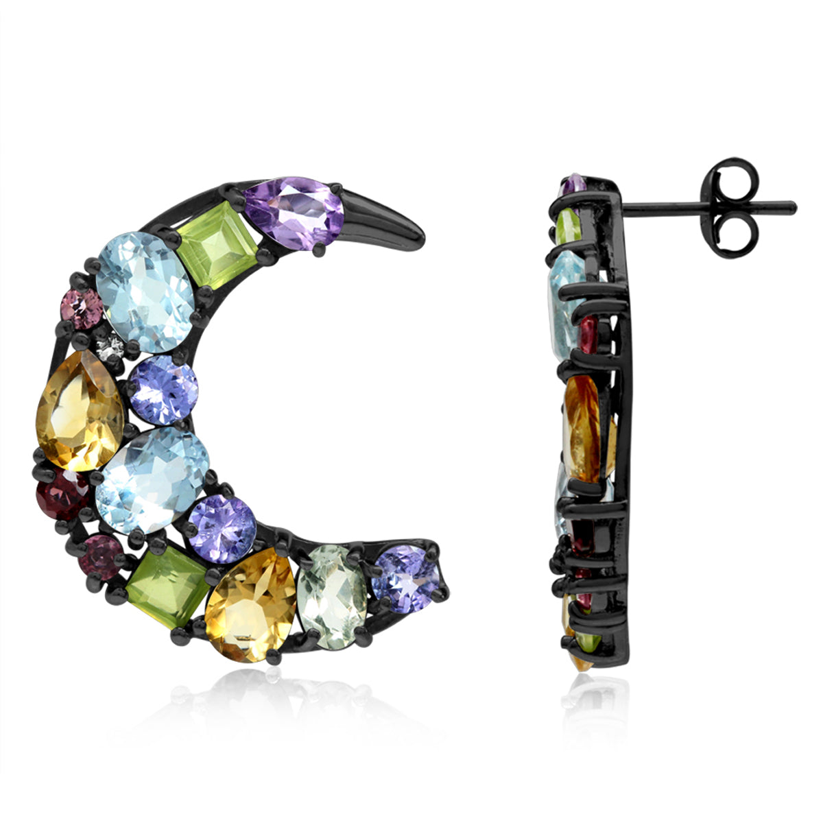 Multi Colored Black Rhodium Plated 925 Sterling Silver Cluster Cocktail Crescent Moon Earrings